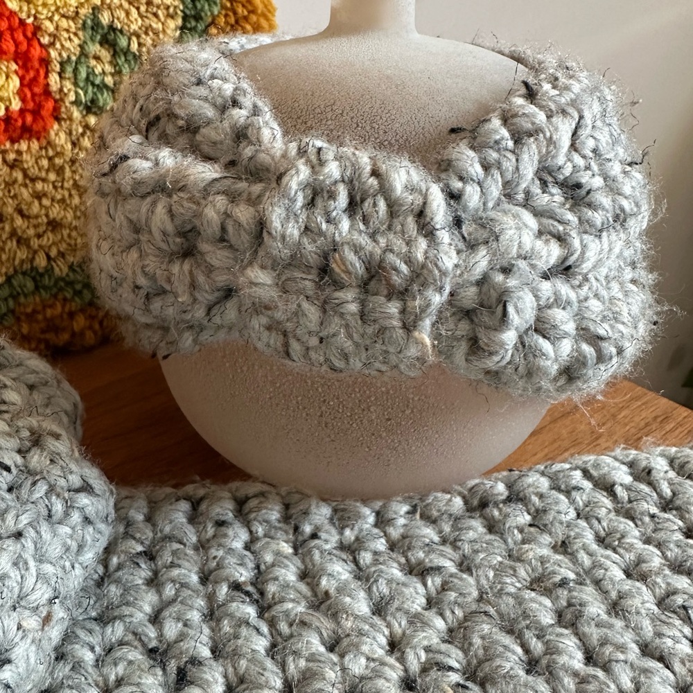 Hand Knit Chunky Knit Heathered Grey Headband & Matching Infinity Wrap Scarf